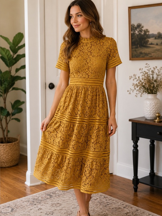 Baltic Born Dresses & Skirts - Baltic Born Mustard Yellow Lace Midi Dress